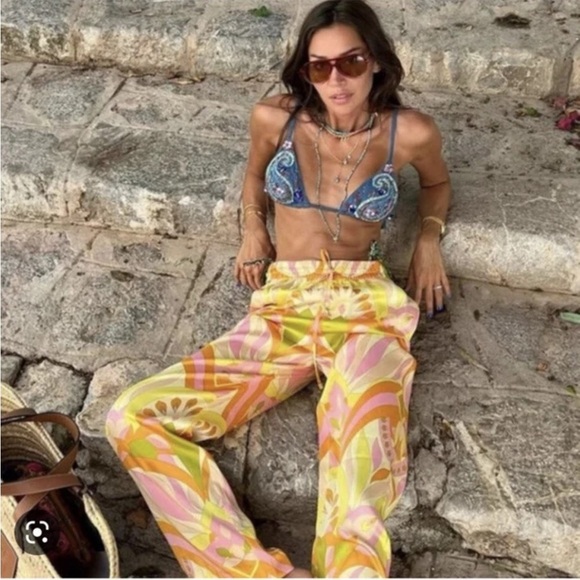 Zara Wide Leg Silky Pajama Style Pant. Orange Pink Yellow. Size M #868 NWT - Picture 1 of 8